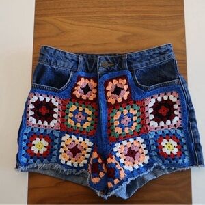 farm rio x anthropologie y2k crochet denim shorts